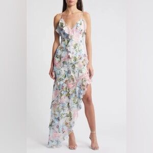 Elliatt Asymmetrical Floral Dress in Pink and Blue